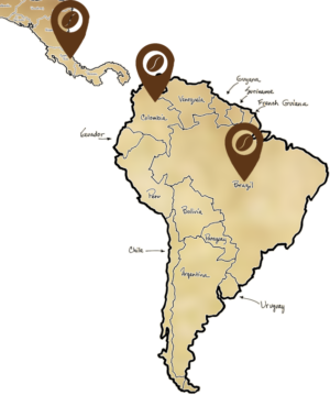 نقشه ای از آمریکای جنوبی و بزرگترین تولید کننده قهوه جهان کشور برزیل